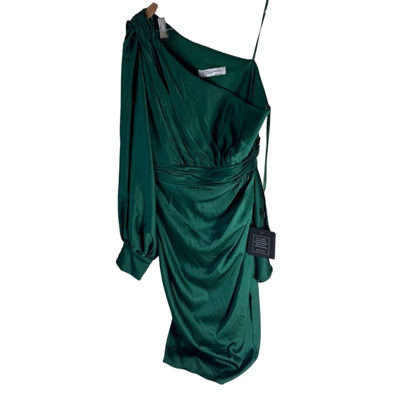 Ieena X Mac Duggal NWT Emerald Satin One Sleeved Cocktail Dress Sz 10 - Picture 6 of 13